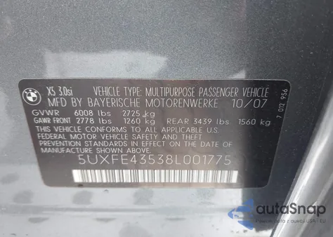 2008 BMW X5 3.0Si z USA, uszkodzony, nr VIN 5UXFE43538L001775